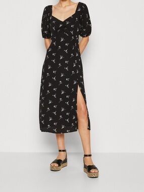 Gap Black Floral Midi Dress XXL Puff Sleeve Sweetheart Neck Front Slit